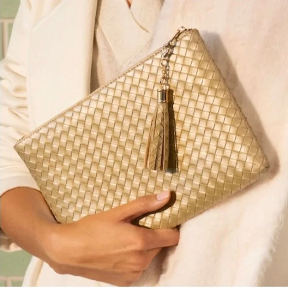 Virginia Wolf Mimi Vegan Leather Woven Metallic Pouch with Tassel in Gold